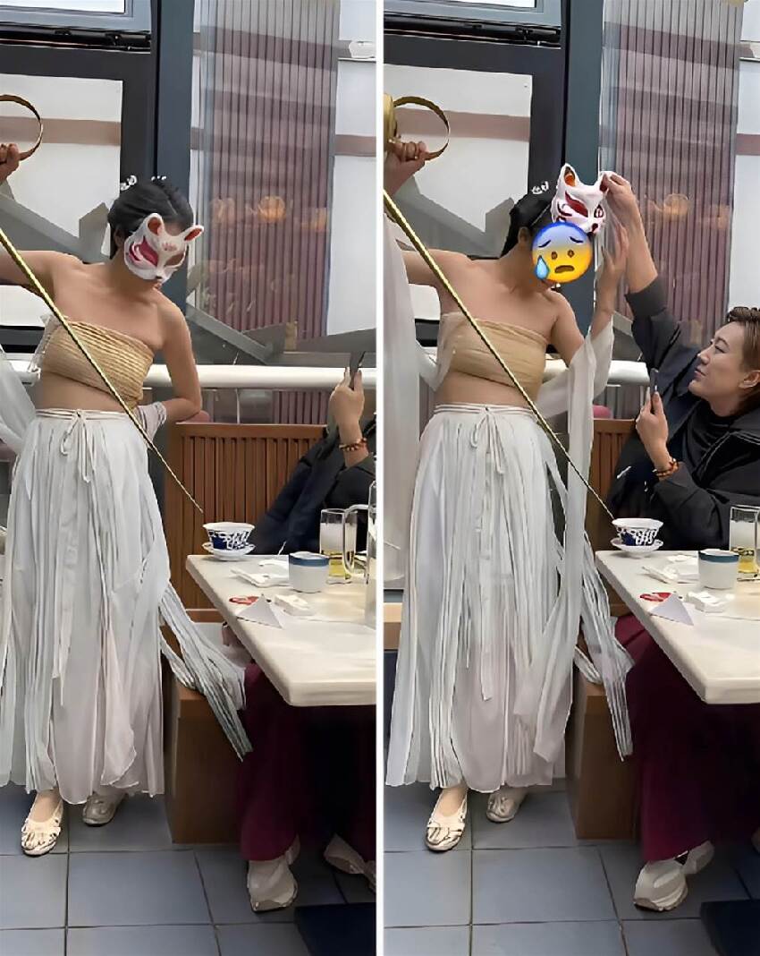 茶藝師辣妹倒茶「面具遮臉」！客人手癢一掀…全場瞬間死寂：心臟直接涼掉！